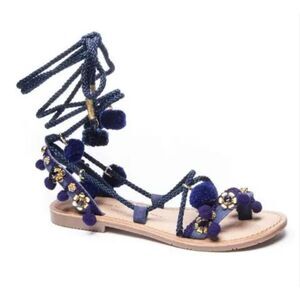 New Chinese laundry blue indigo suede pom Pom Portia gladiator sandals size 7.5